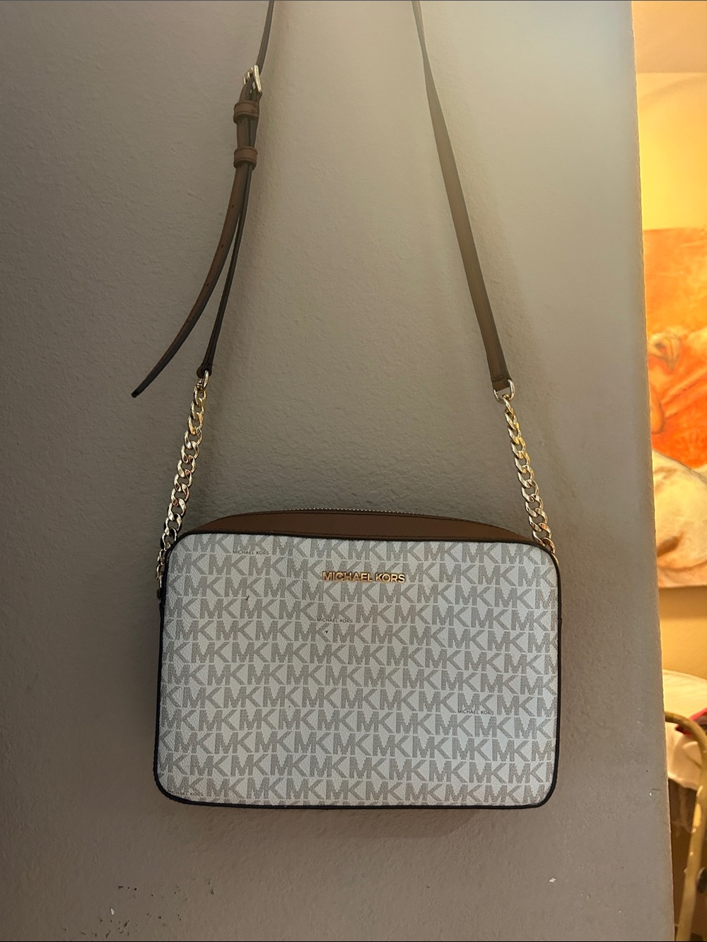 Michael Kors White and Brown MK Signature Crossbody Bag